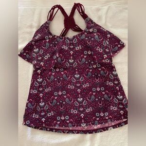 Girls medium Arizona Jeans Co ruffled burgundy/floral print tankini top
